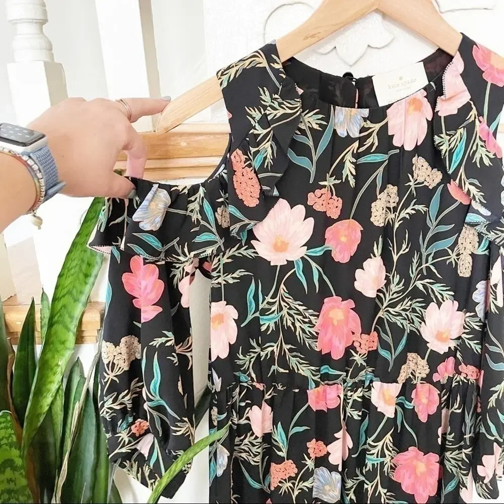 Kate Spade Black Floral Blossom Cold Shoulder Dress XS